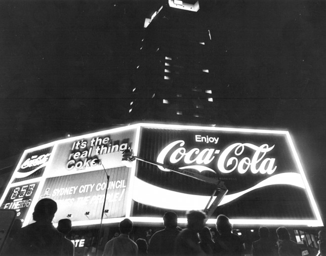 Shot of nightworks on the Coke sign at Kings X. 1970s.