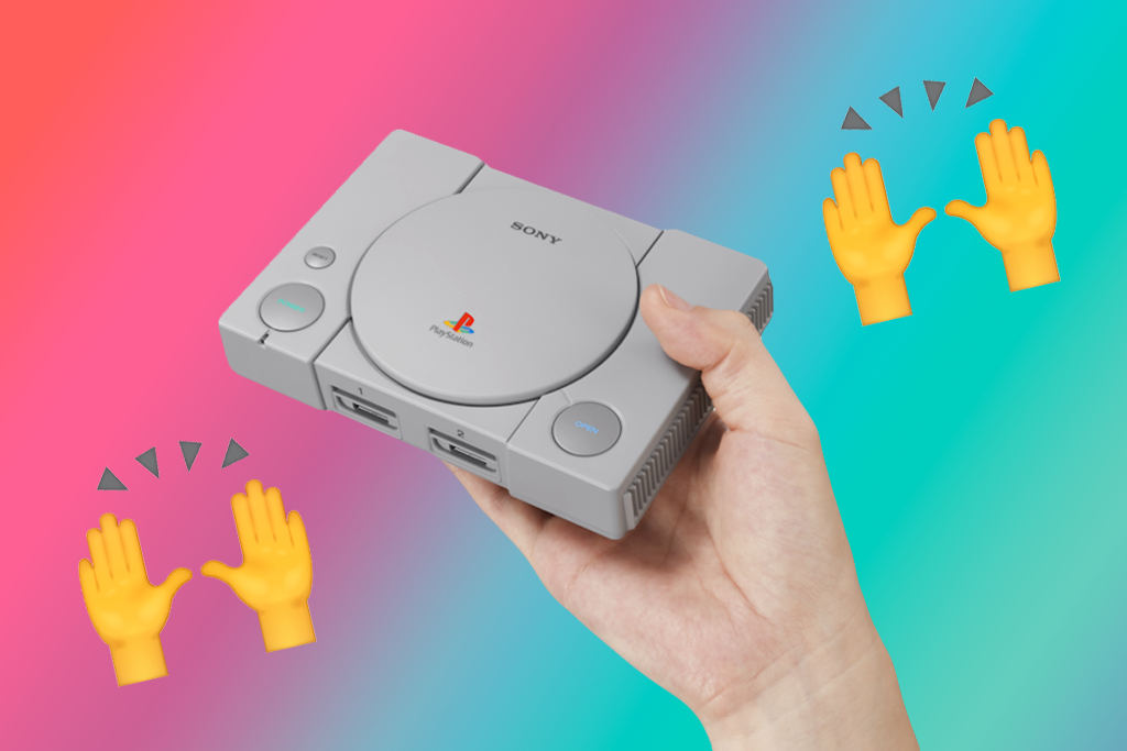 sony playstation mini console with praise hands