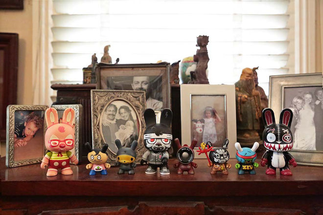 “Each of these little dudes represents one of my overseas trips. They help me remember particular experiences. I buy the small ones as a lucky dip and it is very exciting to discover just who is going to be added to the collection. The bigger ones come from a cool Hong Kong designer shop at the International Airport.  And just recently I celebrated the world premiere of my film by buying a MASSIVE guy. He represents just how happy I am feeling at the moment.”