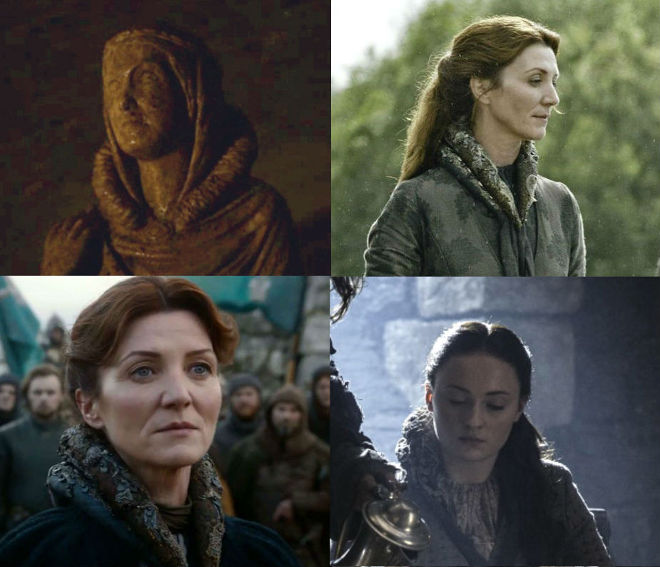 Like Aunt Lyanna and her mum Catelyn, Sansa wears the traditional Stark garb – grey, with a padded collar like a travel pillow.
