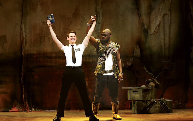 Ryan Bondy as Elder Price, Augustin Aziz Tchantcho as The General in the Australian premiere of THE BOOK OF MORMON at the Princess Theatre, Melbourne. © Jeff Busby