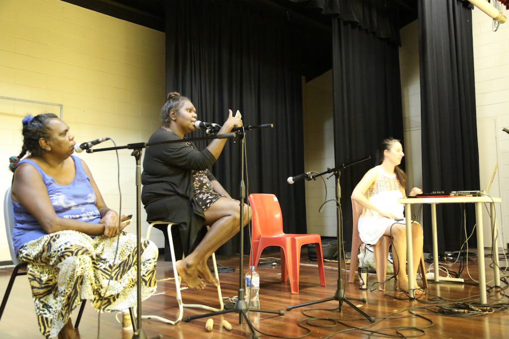 Janey, Eleanor and I rehearsing in the Tennant Creek hall preparing for the tour. It was a while since we had jammed and don’t tell anyone, but Elly is using her phone to remember the words.