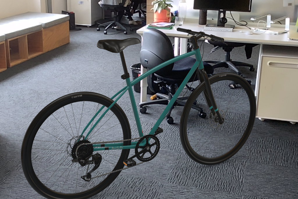 An augmented reality bike sitting in the Junkee offices.