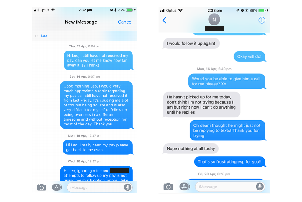 Texts from a Pressed Juices employee to Leo Pegoli seeking pay.