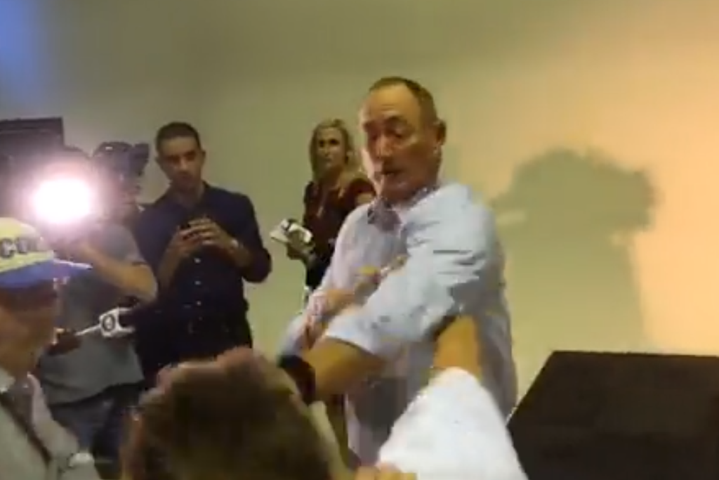Fraser Anning has been filmed hitting a protester who egged him following Christchurch terror attack remarks