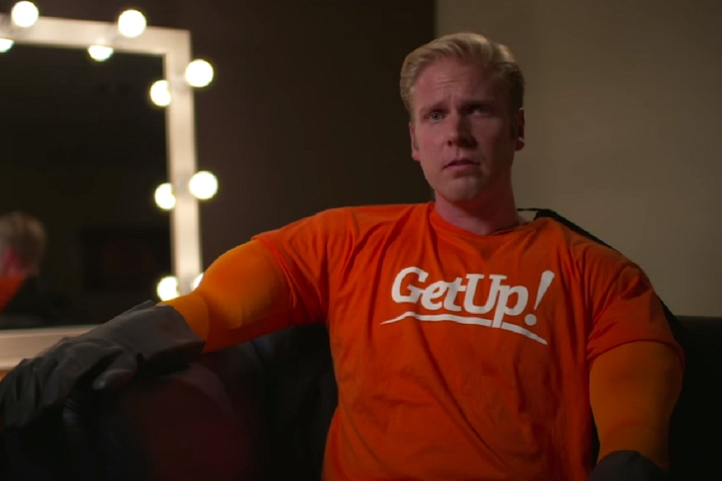 Mark Humphries as Captain GetUp in a new sketch for The Feed