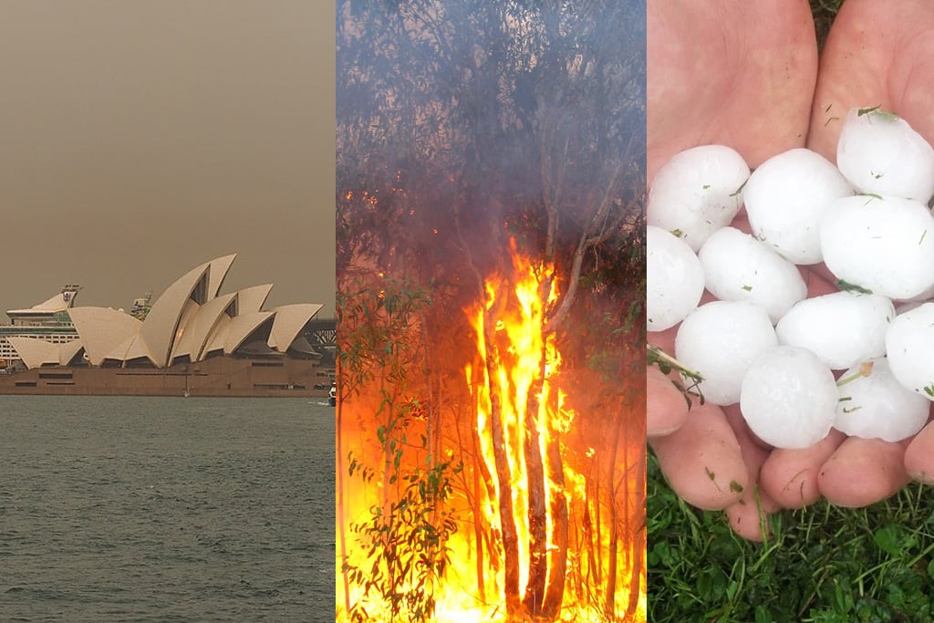 Australian weather bushfires hail smoke dust