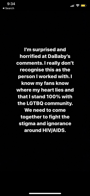 Screencapture of Dua Lipa's IG story response saying she is "surprised and horrified".