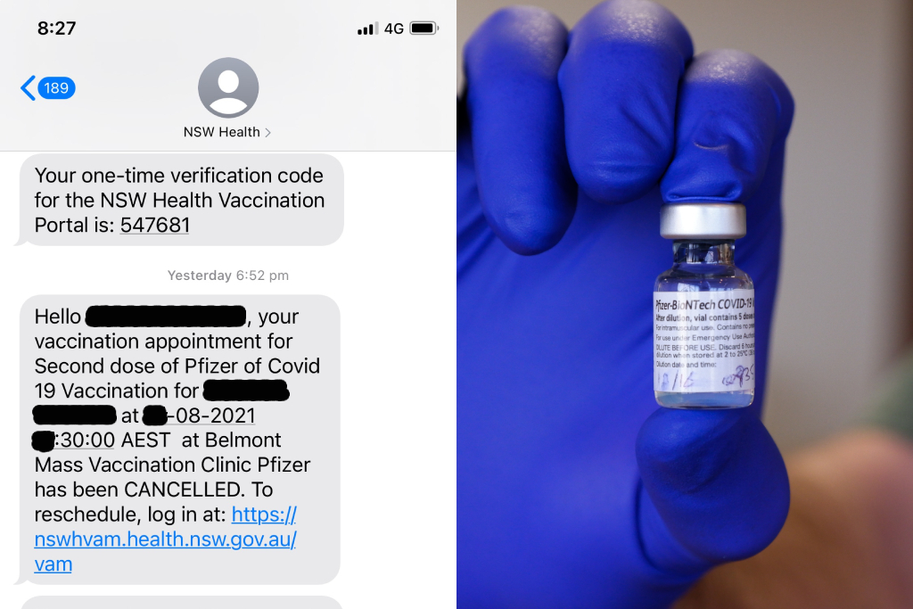 Text message of cancelled appointment from NSW Health beside Pfizer vaccine.