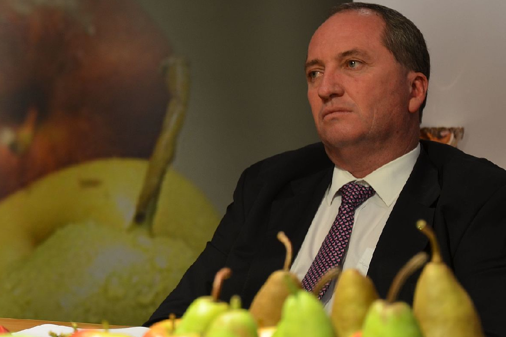 Image of Deputy PM Barnaby Joyce surrounded by pears.
