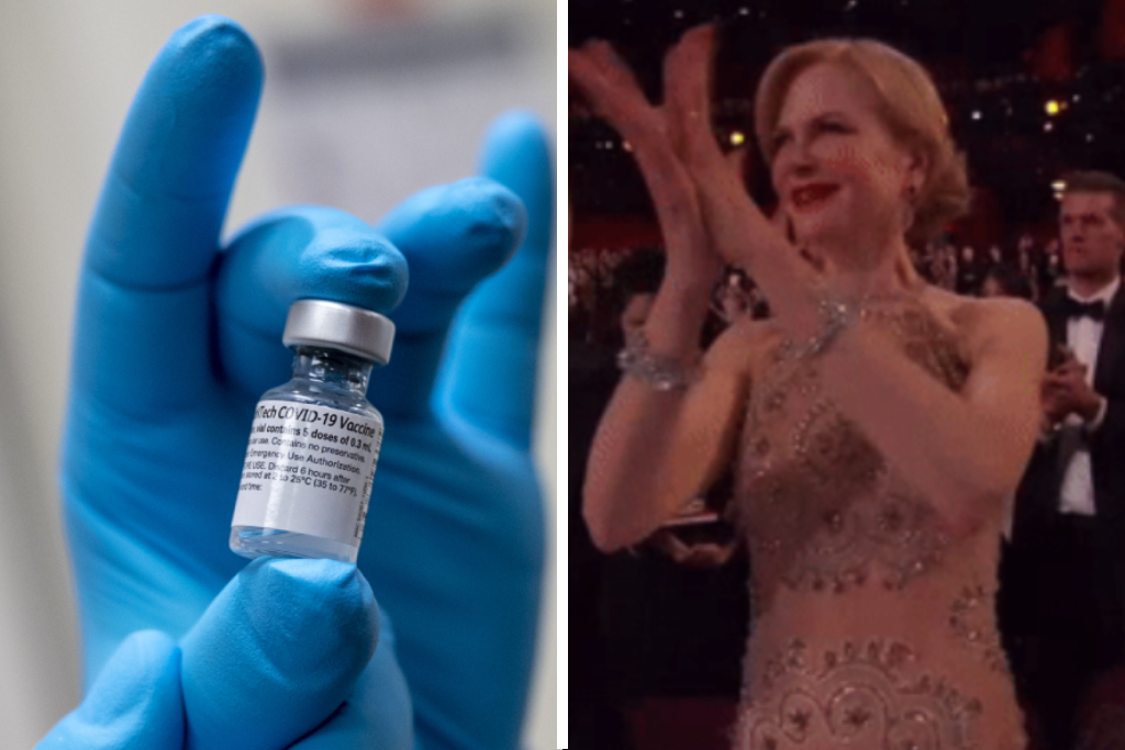 Image of Covid Vaccine beside happy Nicole Kidman