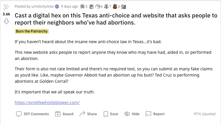 Screenshot from Reddit WitchesVsPatriachy page inviting digital hexes on pro-lifers.