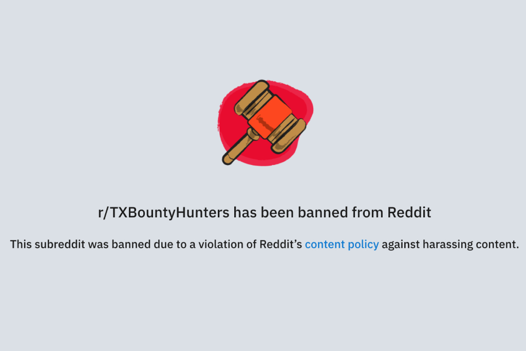 Screenshot of Reddit page showing r/TXBountyHunters was shut down