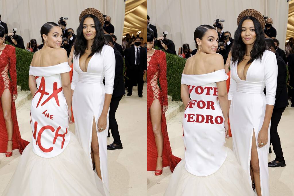 Alexandria Ocasio-Cortez in white dress with TAX THE RICH stitched in, then memed to instead say VOTE FOR PEDRO