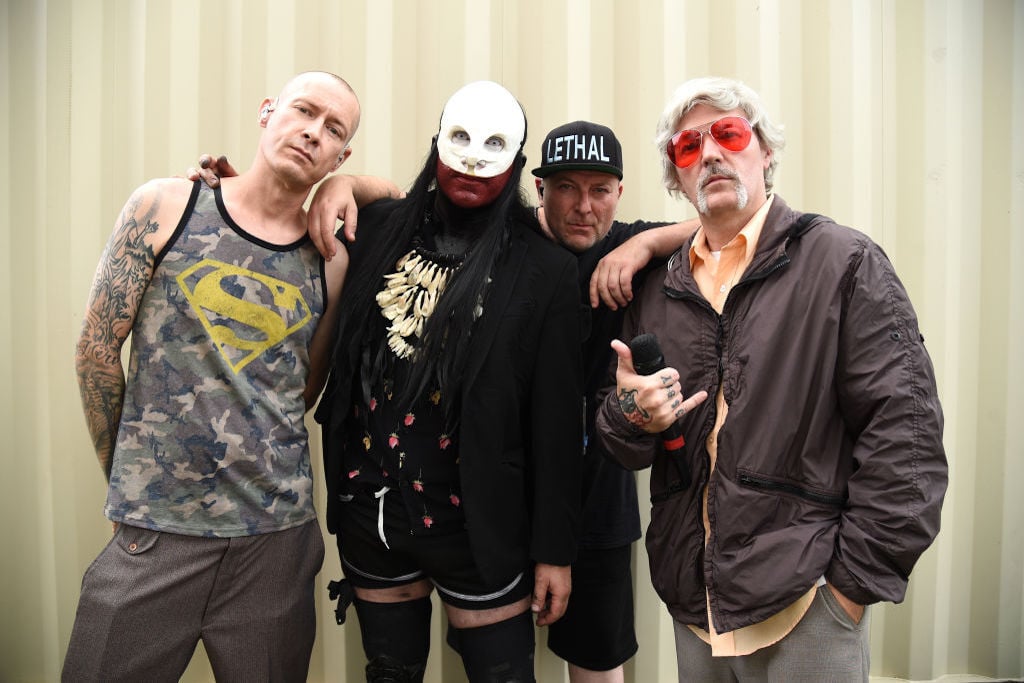 CHICAGO, ILLINOIS - JULY 31: Sam Rivers, Wes Borland, DJ Lethal and Fred Durst of Limp Bizkit backstage at Lollapalooza 2021 at Grant Park on July 31, 2021 in Chicago, Illinois. (Photo by Kevin Mazur/Getty Images)