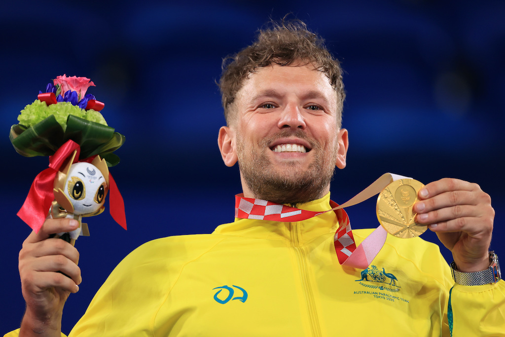 TOKYO, JAPAN - SEPTEMBER 04: Gold medalist Dylan Alcott of Team Australia reacts in the podium of Men’s Quad Singles on day 11 of the Tokyo 2020 Paralympic Games at Ariake Tennis Park on September 04, 2021 in Tokyo, Japan. (Photo by Carmen Mandato/Getty Images)