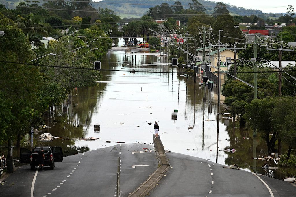 LISMORE, AUSTRALIA - MARCH 31: A main street is under floodwater on March 31, 2022 in Lismore, Australia. Evacuation orders have been issued for towns across the NSW Northern Rivers region, with flash flooding expected as heavy rainfall continues. It is the second major flood event for the region this month. (Photo by Dan Peled/Getty Images)