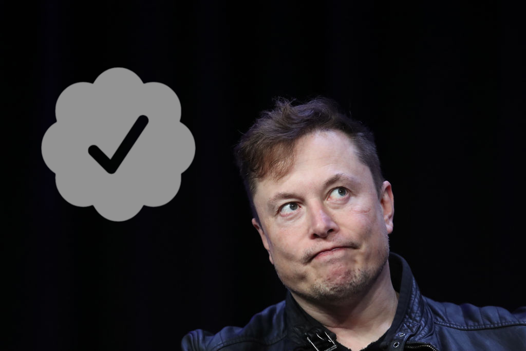 Elon Musk looking defeated alongside a large grey Twitter checkmark