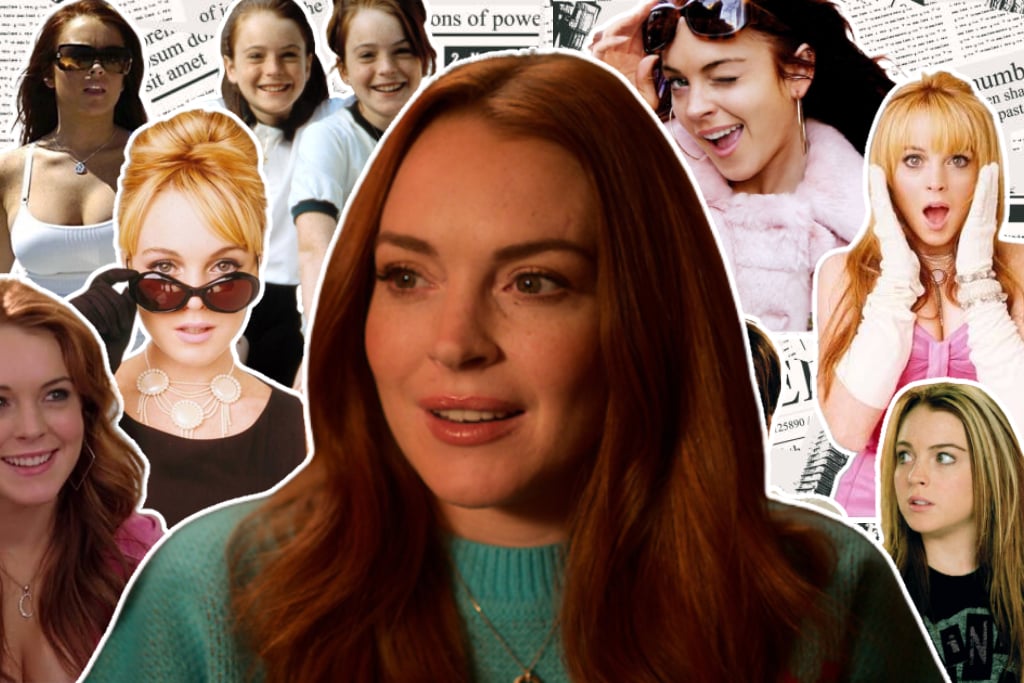 Lindsay Lohan in green top with a collage of images from her earlier roles including 'Mean Girls' and 'Freaky Friday' in the background