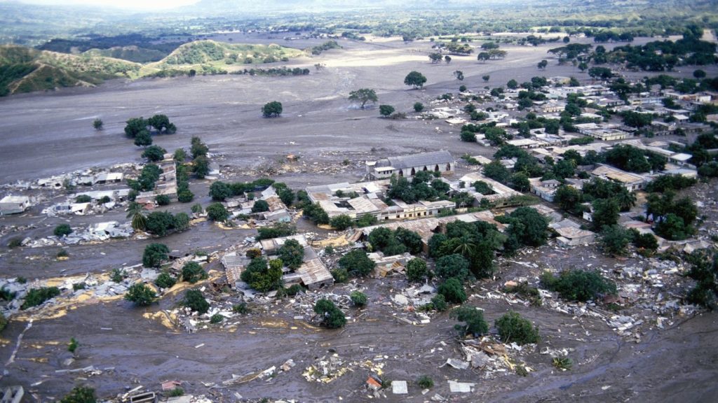The town of Armero, Colombia after the eruption of Nevado del Ruiz in November 1985. The Kraffts used this to inform their research 
