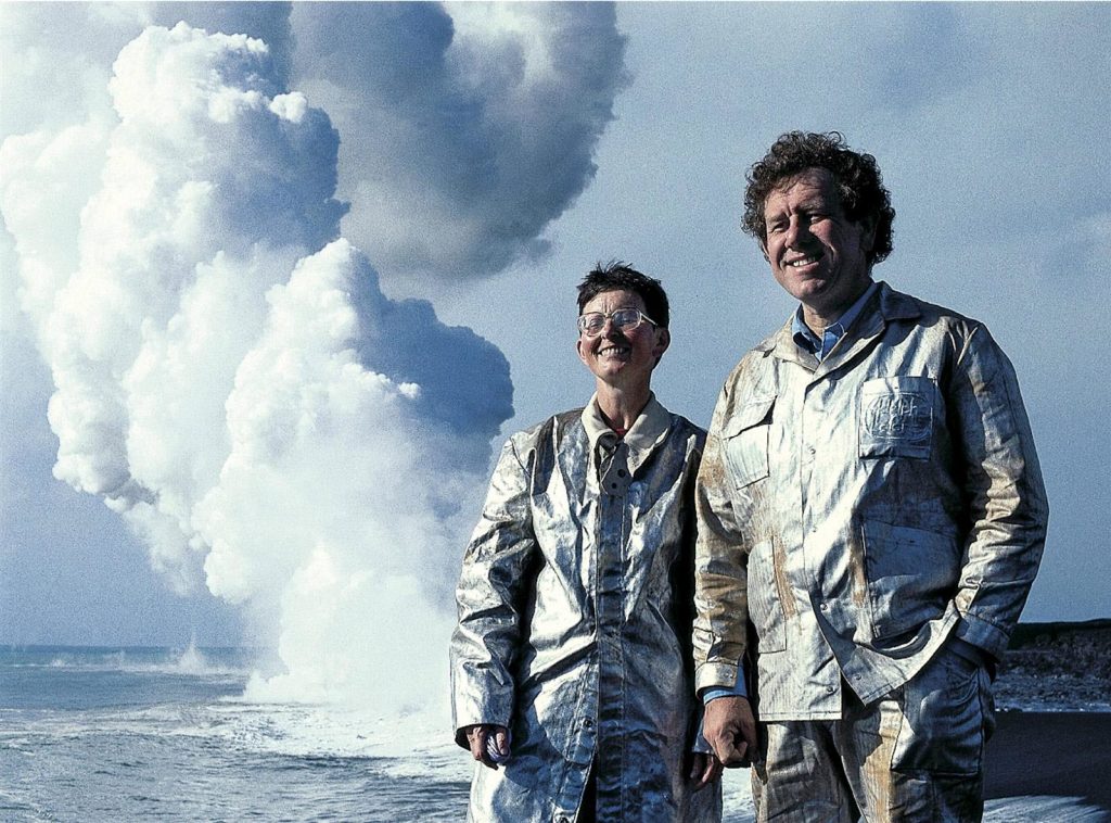 Katia and Maurice Krafft stand side by side in love next to a volcano as we remember them in the wake of Mauna Loa erupting in Hawaii in 2022