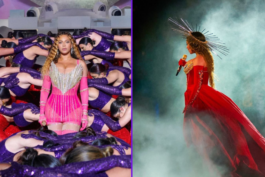 Beyonce wearing a red dress facing away on a smoke-filled stage next to a photo of dozens of female backup dances lying in a theatrical poses.