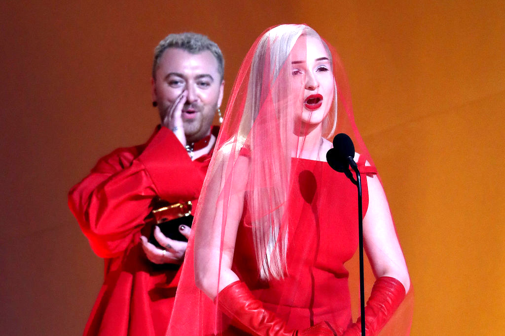 Kim Petras and Sam Smith accept their Garammy for best pop duo.