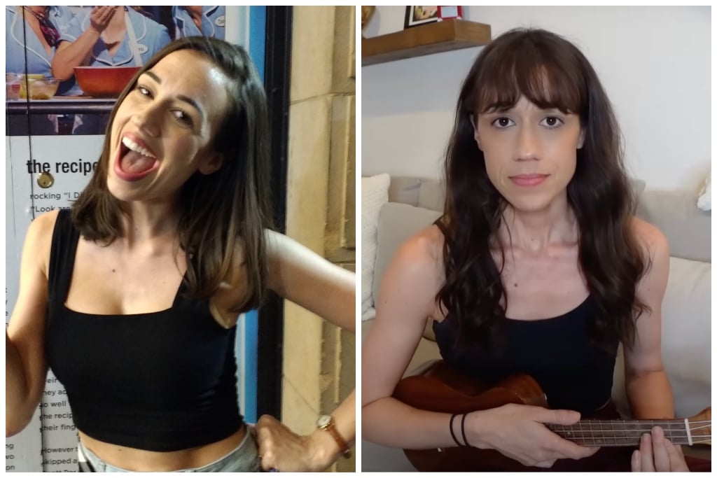 Two side-by-side photos of Colleen Bassinger. In the photo on the left she is standing and smiling, on the right is a screenshot from her ukulele apology video.
