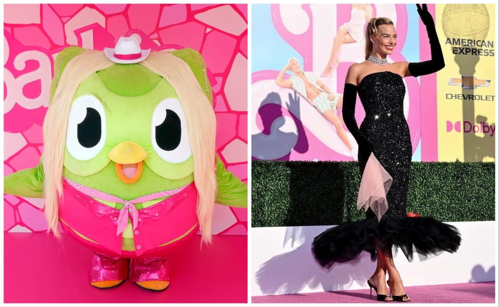 duolingo mascot in barbie outfit next to Margot Robbie in black dress at Barbie premiere