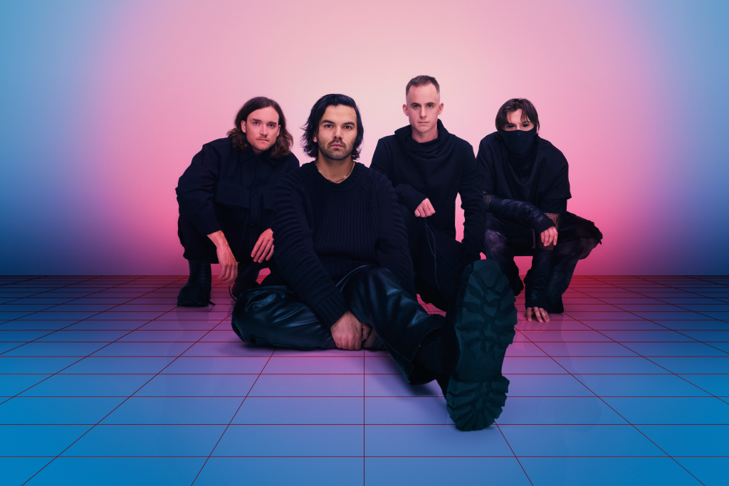 the heavy metal band northlane posing on a pink and purple background